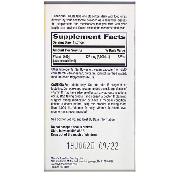 Country Life, Certified Vegan D3, 125 mcg (5,000 IU), 60 Vegan Softgels (Vegan)