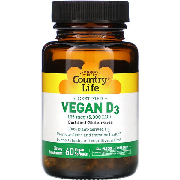 Country Life, Certified Vegan D3, 125 mcg (5,000 IU), 60 Vegan Softgels (Vegan)