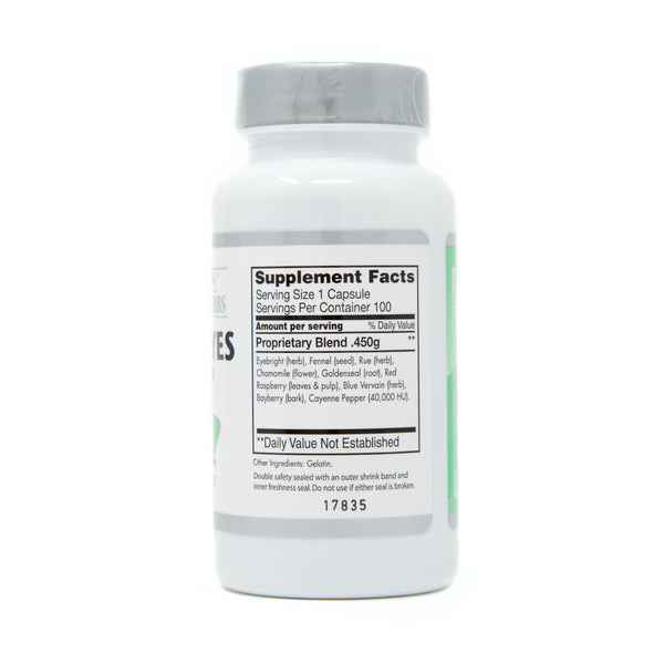 Bright Eyes(100 Capsules)(Eyebright (herb), Fennel (seed), Rue (herb), Chamomile (flower), Goldenseal (root), Red Raspberry (leaves & pulp), Blue Vervain (herb), Bayberry (bark), Cayenne Pepper (40,000 HU))