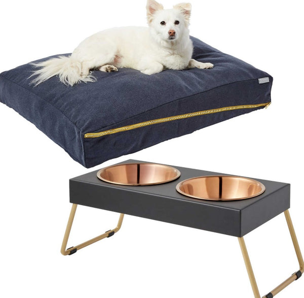 Bundle: Frisco Heathered Woven Zipper Orthopedic Pillow Bed, Large + Copper Stainless Steel Elevated Foldable Double Dog & Cat Bowls, 5.75 Cups