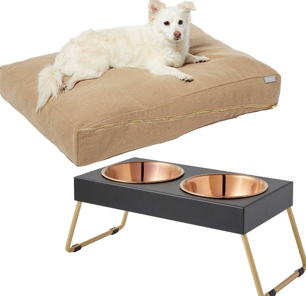 Bundle: Frisco Heathered Woven Zipper Orthopedic Pillow Bed, Large + Copper Stainless Steel Elevated Foldable Double Dog & Cat Bowls, 5.75 Cups